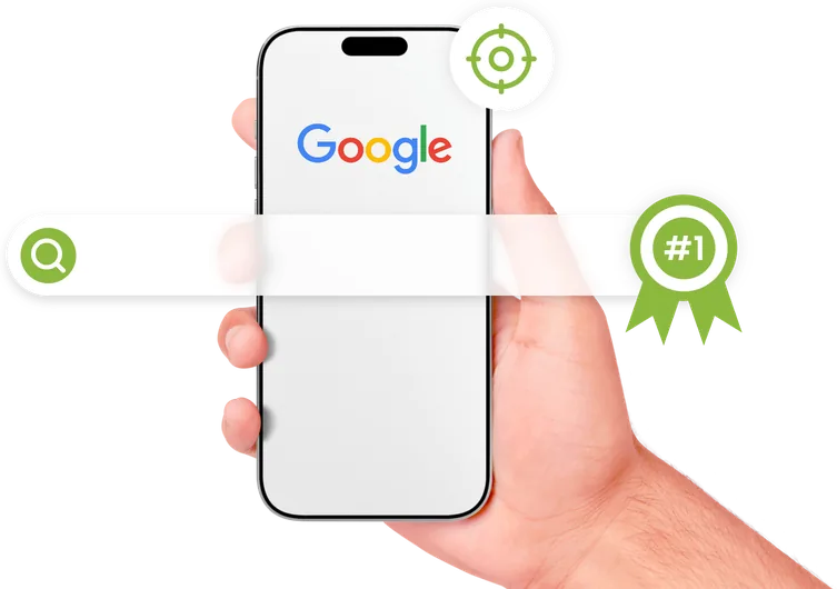 Main tenant un téléphone ouvert sur Google, avec une barre de recherche et un ruban #1